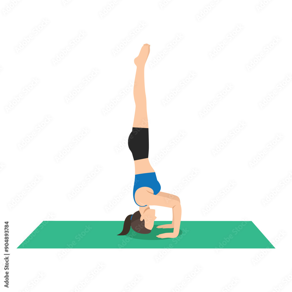 Fototapeta premium Woman doing Headstand Pose Ii or Sirsasana Ii yoga exercise. Flat vector illustration isolated on white background