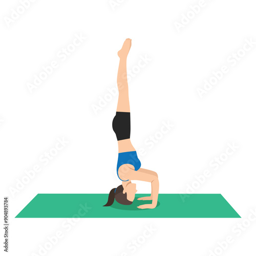Woman doing Headstand Pose Ii or Sirsasana Ii yoga exercise. Flat vector illustration isolated on white background