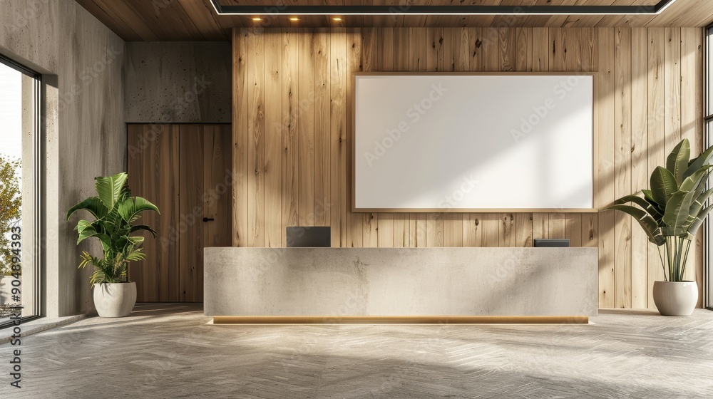 Modern Reception Area with Wooden Walls, Concrete Desk, and Indoor Plants in a Bright Office Environment Modern Reception Area with Wooden Walls, Concrete Desk, and Indoor Plants in a Bright Office Environment