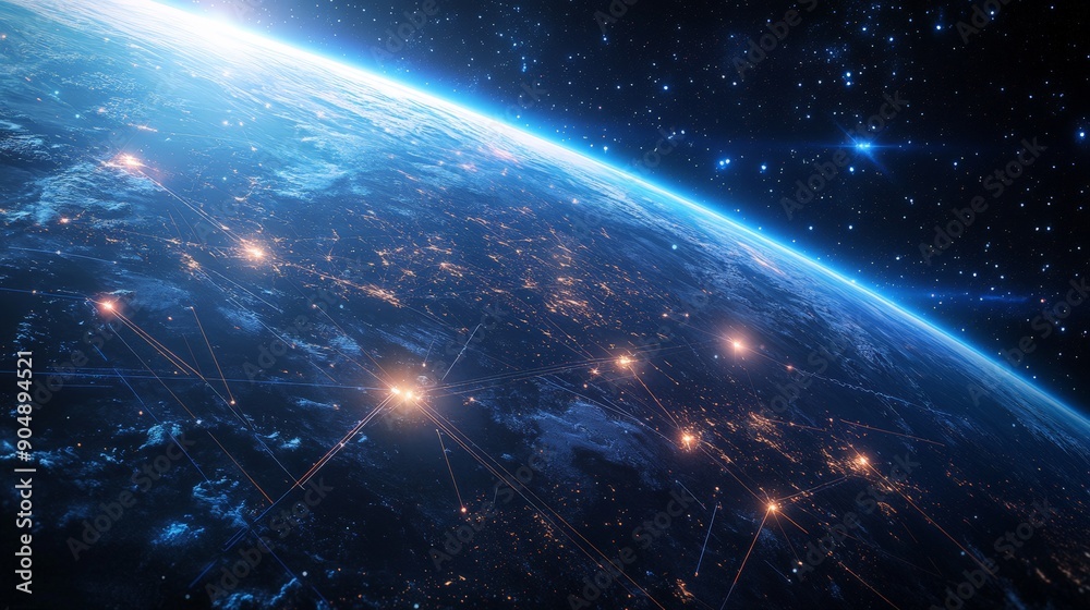 Obraz premium Stunning Space View of Earth Showcasing Global Connectivity and Network Hubs