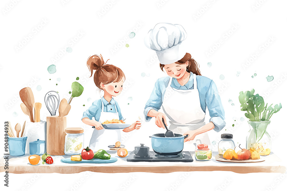 Watercolor illustration of a mother and daughter cooking together in the kitchen, emphasizing family bonding, cooking, and togetherness. Watercolor illustration of a mother and daughter cooking together in the kitchen, emphasizing family bonding, cooking, and togetherness.