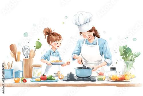 Watercolor illustration of a mother and daughter cooking together in the kitchen, emphasizing family bonding, cooking, and togetherness.