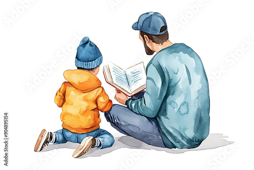 Watercolor illustration of a father reading a book to his child, highlighting the importance of bonding, education, and family time.