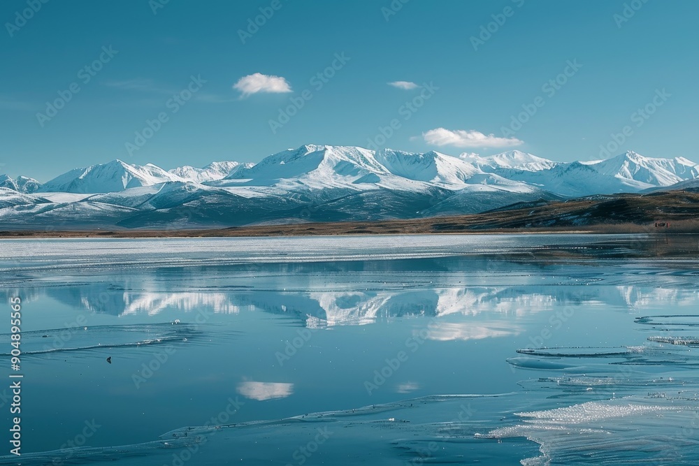 A frozen lake with snowcapped mountains in the background, Frozen lake reflecting the snow-capped mountains in the distance A frozen lake with snowcapped mountains in the background, Frozen lake reflecting the snow-capped mountains in the distance