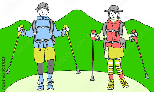 登山ファッションの男女のシンプルなベクターイラスト