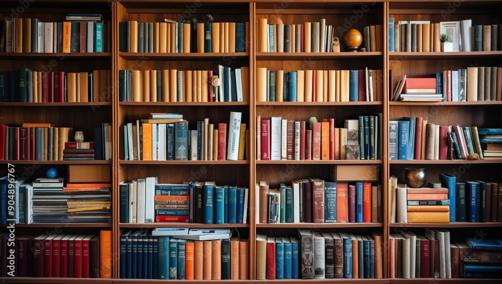Wooden bookshelf filled with colorful books. Literature, education, and knowledge concept. Wooden bookshelf filled with colorful books. Literature, education, and knowledge concept.