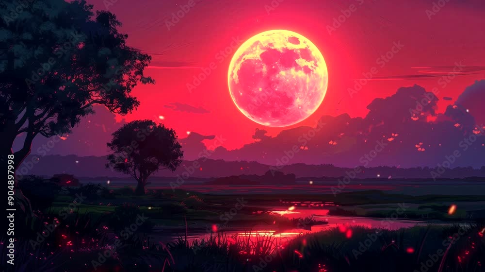 A serene landscape unfolds under a crimson moon. Fantasy landscape, looping 4k video animation background A serene landscape unfolds under a crimson moon. Fantasy landscape, looping 4k video animation background