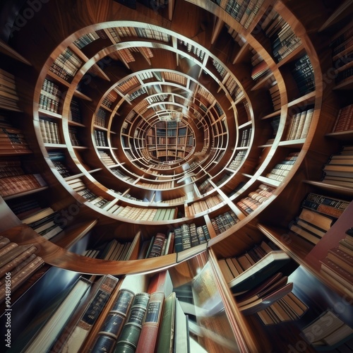 An infinite library where the books float in a round shape