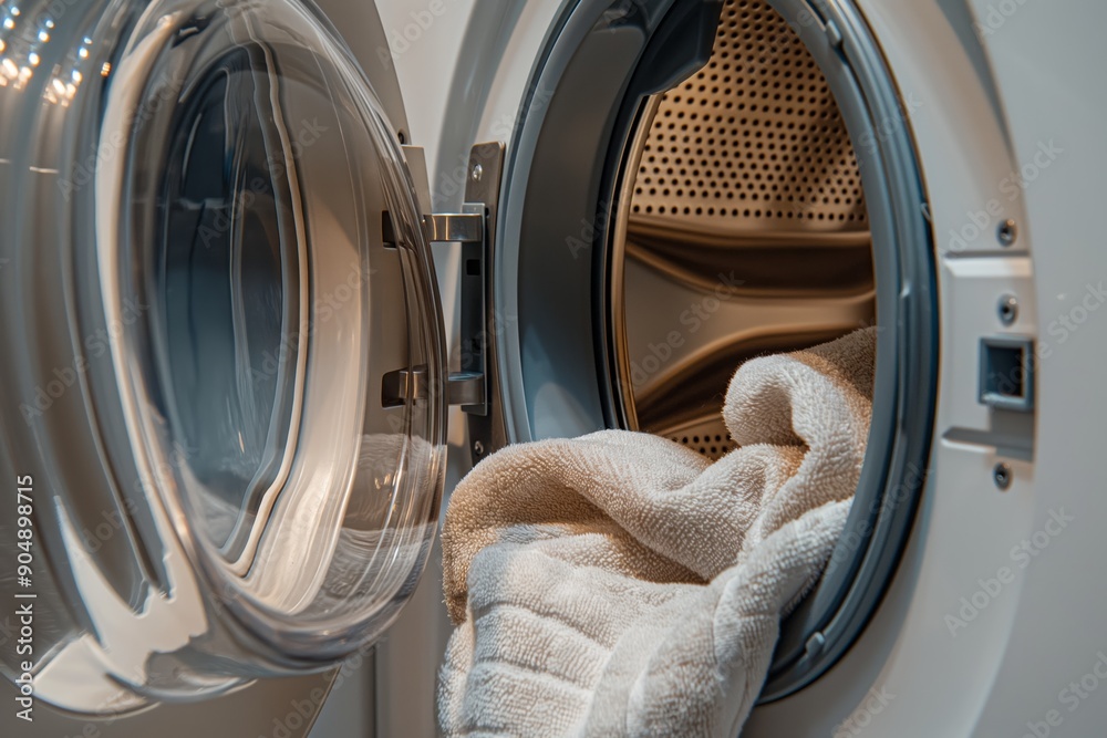 Inside View of a Modern Washing Machine with Towel, Close Up Perspective Inside View of a Modern Washing Machine with Towel, Close Up Perspective