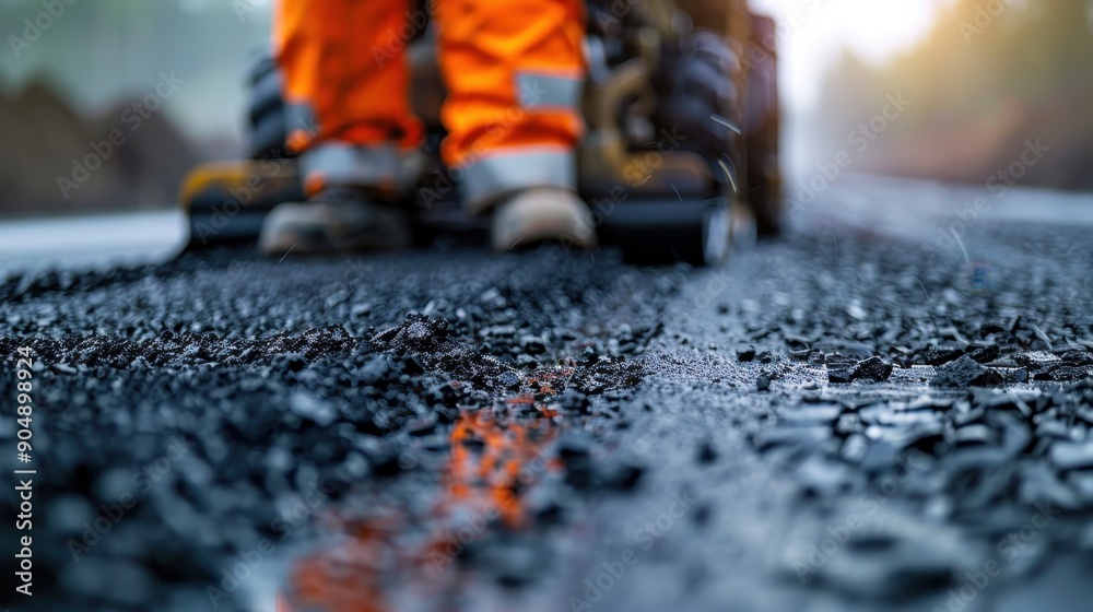 Road Construction Worker in Orange Safety Gear Operating Heavy Machinery on Freshly Paved Asphalt Road