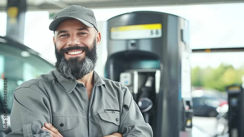 Smiling Gas Station Employee Wearing Gray Uniform and Cap - Bearded Man with Modern Car and Petroleum Fuel Pumps in Background Smiling Gas Station Employee Wearing Gray Uniform and Cap - Bearded Man with Modern Car and Petroleum Fuel Pumps in Background