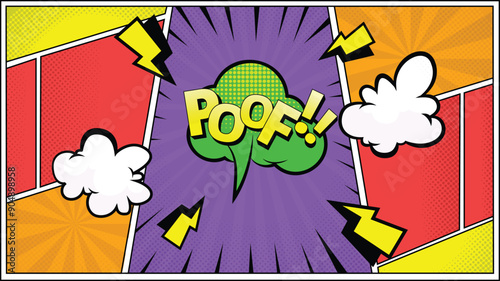 colorful pop art comic background illustration with bubble text poof!