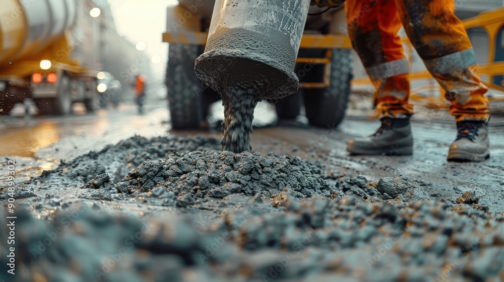 Construction Workers Pouring Fresh Concrete on a City Street for Road Repair and Maintenance Construction Workers Pouring Fresh Concrete on a City Street for Road Repair and Maintenance