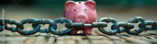 A close-up of a pink piggy bank secured by a heavy chain, symbolizing financial security and saving money. photo