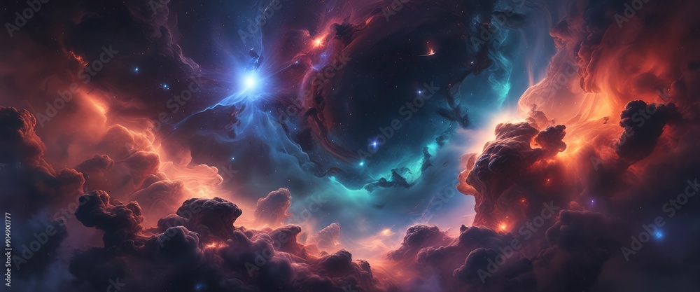 dynamic colourful nebula with stars in cosmic space during night, ultrawide dynamic colourful nebula with stars in cosmic space during night, ultrawide
