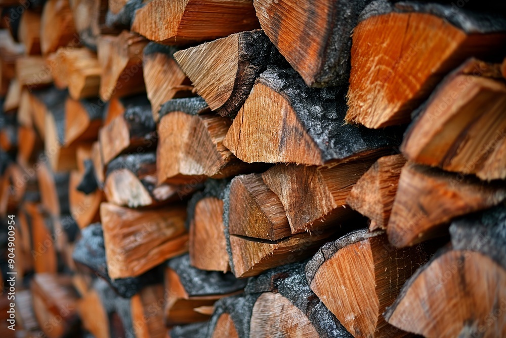 Close-Up of Stacked Firewood with Weathered Texture and Brown Hues Close-Up of Stacked Firewood with Weathered Texture and Brown Hues