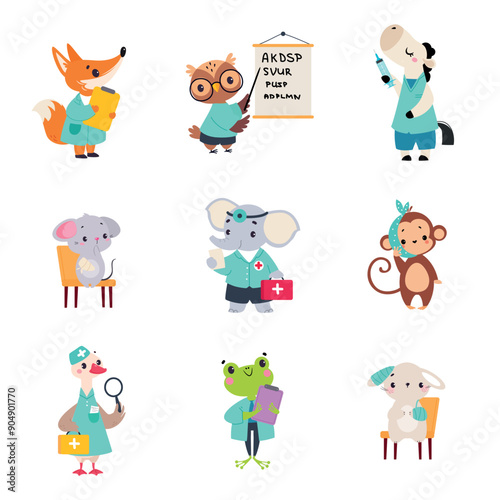 Animal Work in Ambulance and Hospital Vector Set