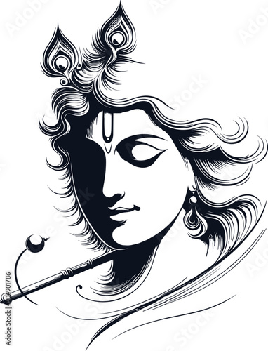 Adobe Illustrator Artwork Lord Krishna's face with bansuri, peacock feather and  traditional features for Janmashtami, featuring the silhouette of Lord Krishna's face