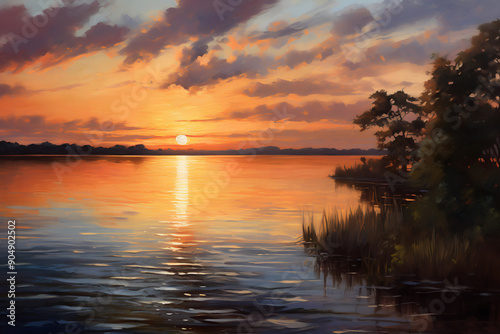 Beautiful landscape with forest and river at sunset. Oil painting.