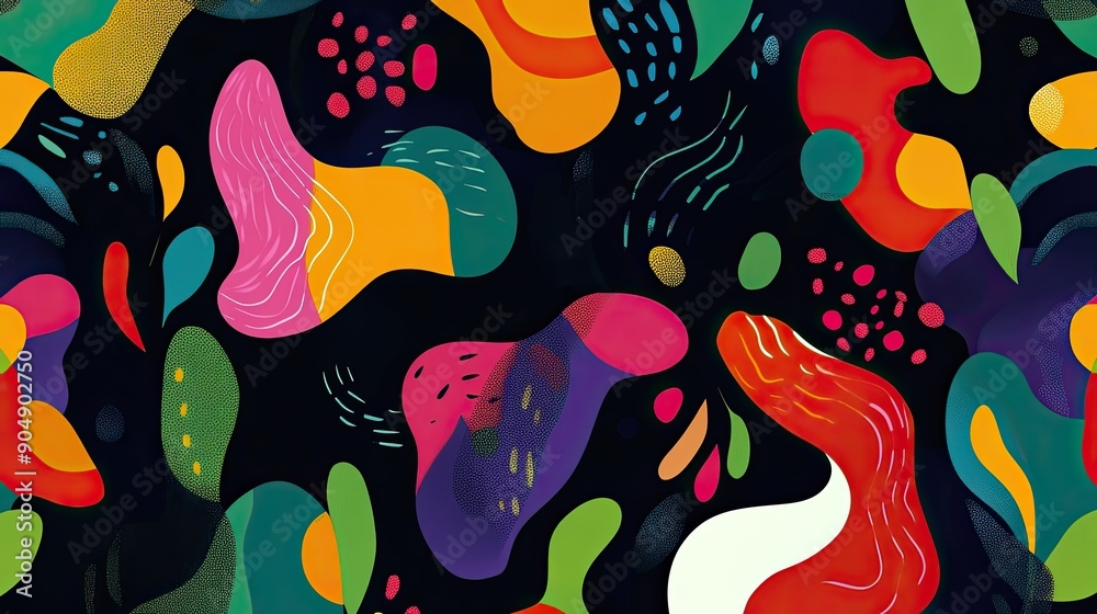 Obraz premium Abstract pattern of organic shapes and vibrant colors on a dark backdrop.