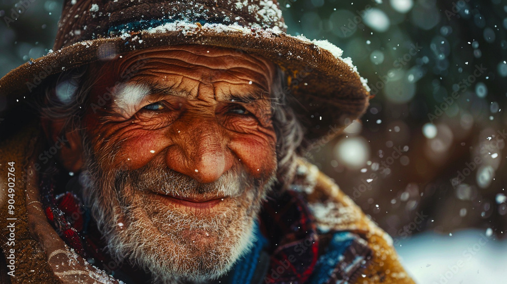 Picture of a smiling old man standing in the snow. Picture of a smiling old man standing in the snow.