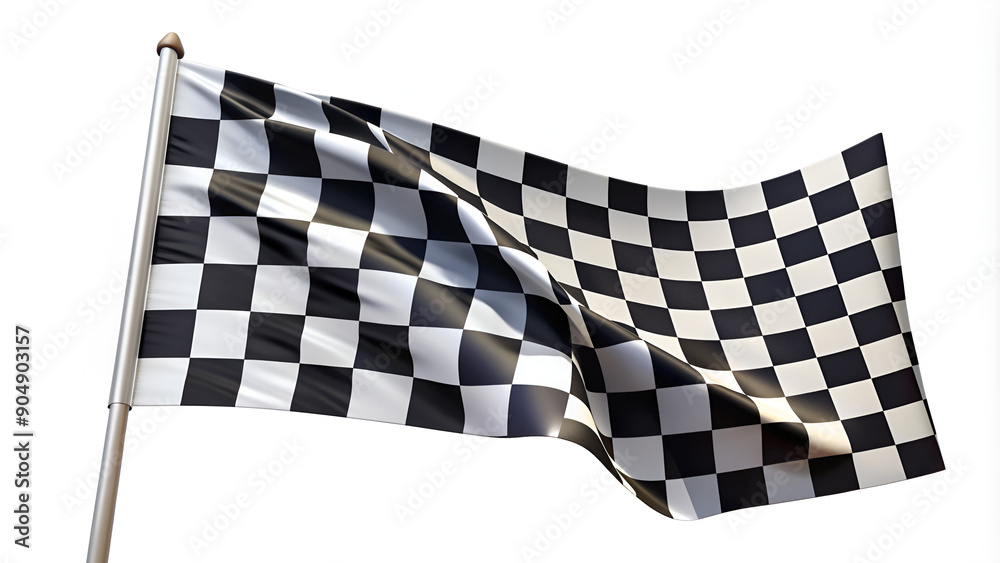 Fototapeta premium Waving black and white checkered flag symbolizing victory and competition at the finish line. Iconic racing flag with black and white squares, representing triumph and sportsmanship.