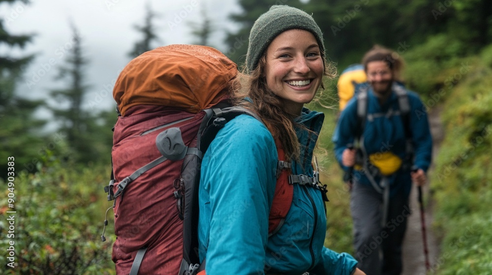 Hikers with backpacks smiling on a trail