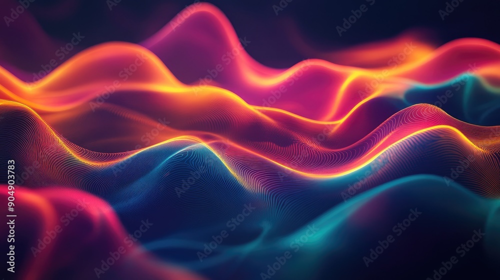 Obraz premium Bright 3D waveforms on a dark background, forming a colorful abstract pattern.
