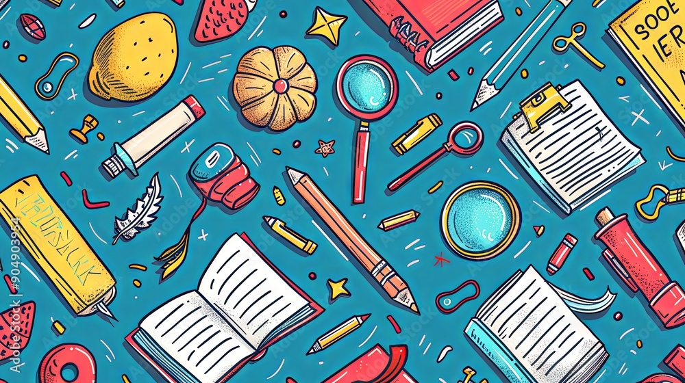 A playful and creative back to school doodle pattern with various education-related items like books, pencils, and magnifying glasses, ideal for stationery or background themes