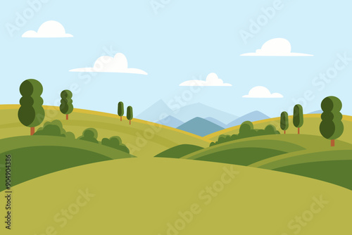 Hills in the field. Trees and bushes behind the hills. Far away on the horizon are mountains.