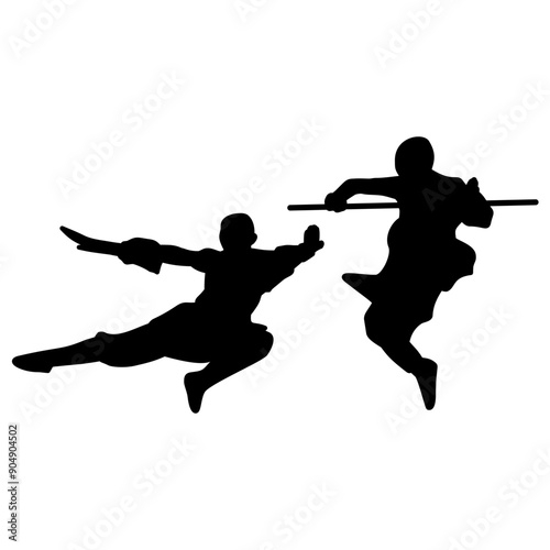 Silhouette image of a young person doing kung fu on a transparent background. Perfect for stickers, logos, icons and tattoos