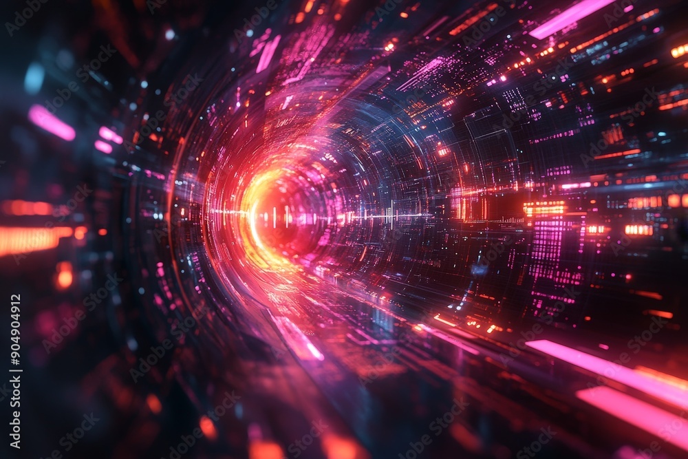 Obraz premium The Dawn of Digital Transformation: A Journey Through a Neon Light Tunnel