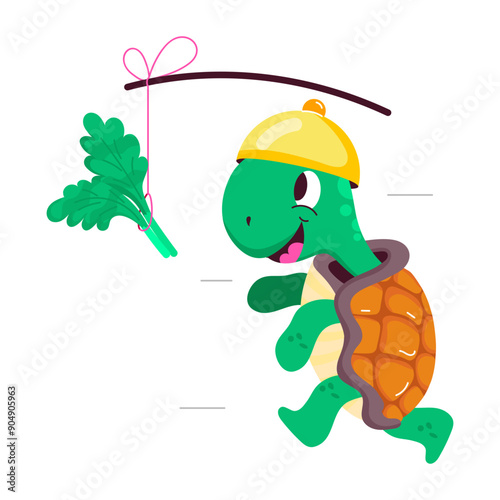Comic style sticker of turtle chasing food 

