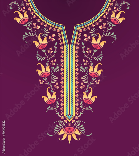 Floral vine decorative neckline pattern of Indian kurta shirt in vintage style. The neck design with delicate flower and branch motifs for women's embroidered clothing. Symmetrical pattern design.