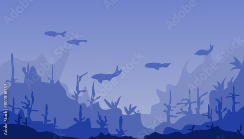 Image of a view of the ocean floor or under the sea in blue. Suitable for wallpaper, magazines, backgrounds, banners, posters and advertisements