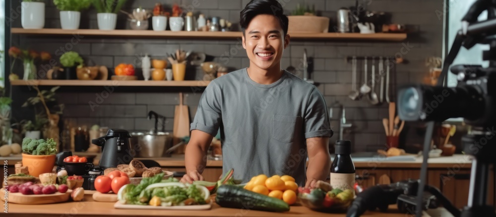 Smiling Man Filming a Cooking Video Smiling Man Filming a Cooking Video