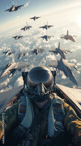 Realistic CG. A huge group of fighters. A group of humanoid kittens are piloting the giant fighter plane. look like Top Gun Maverick movie,