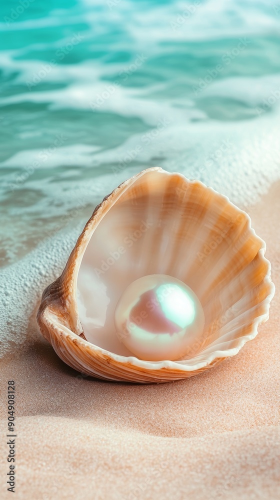 Create a close up image of an exquisitely beautiful pearl nestled inside an open shell resting on soft, pink sand. The background features vibrant, turquoise ocean water with gentle waves lapping at Create a close up image of an exquisitely beautiful pearl nestled inside an open shell resting on soft, pink sand. The background features vibrant, turquoise ocean water with gentle waves lapping at