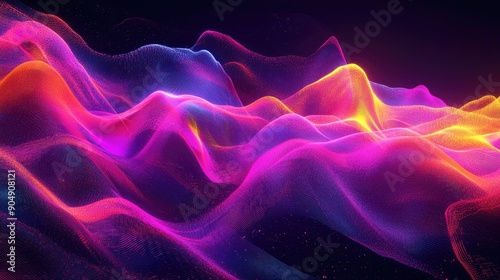 Dynamic 3D waveforms in vivid colors, set against a dark background.