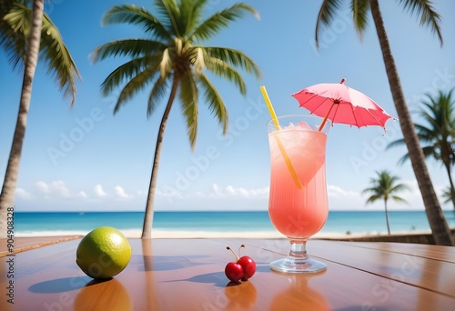 Exotic, colorful cocktails with fruit served in glasses against a backdrop of palm trees and a sunny sandy beach.