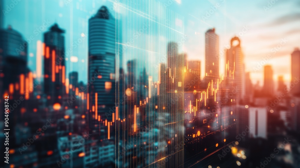 Finance graph and city overlay, symbolizing the impact of financial markets on urban areas. Finance graph and city overlay, symbolizing the impact of financial markets on urban areas.