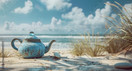 Teapot on a Sandy Shore with a Clear Blue Sky and Ocean in the Background, Blending Tea Time with Summer Vibes photo