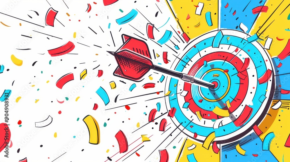 Obraz premium An illustration of a dart hitting a colorful bullseye, symbolizing success, achievement, and celebration with vibrant confetti.