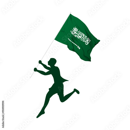 Vector illustration of man running and holding Saudi Arabia flag in hands on transparent background
