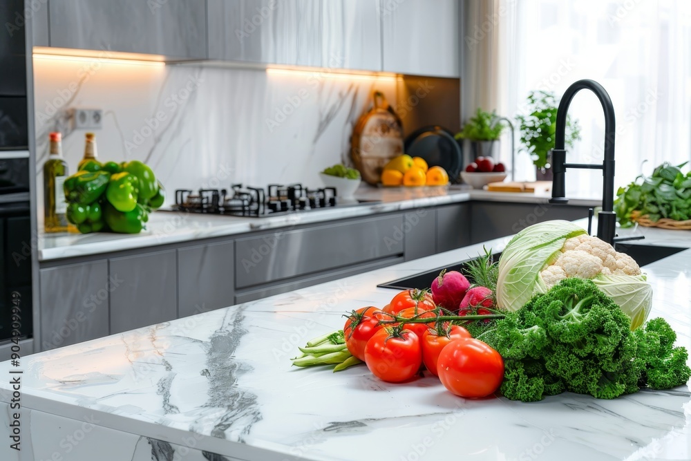 Modern kitchen with marble countertop and fresh produce, encouraging healthy living Modern kitchen with marble countertop and fresh produce, encouraging healthy living