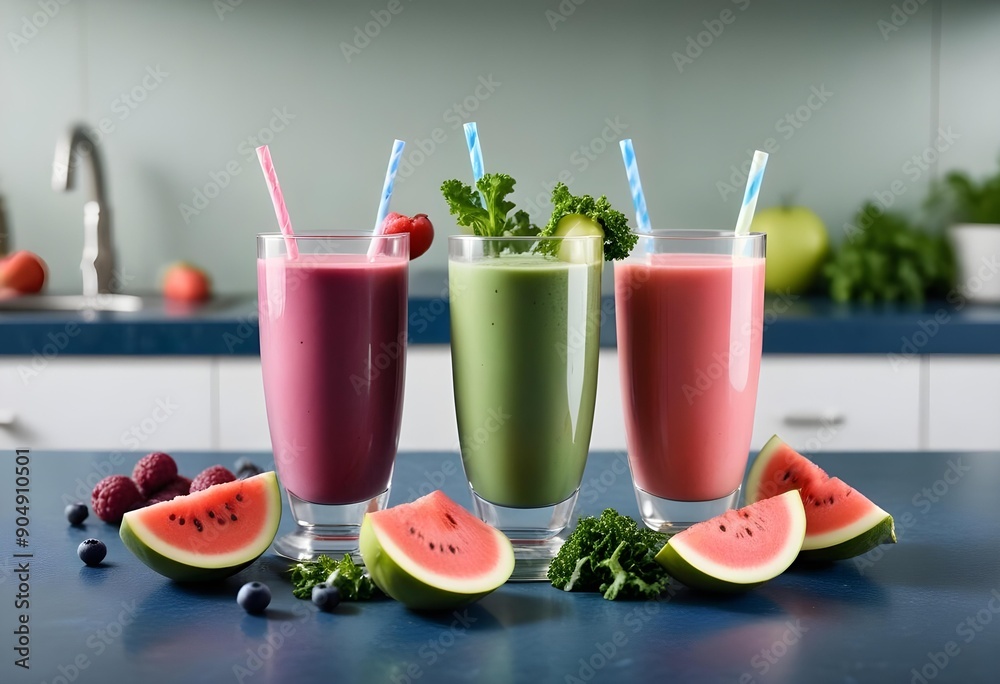 Freshly squeezed fruit and vegetable juices served in a kitchen, surrounded by fruits Freshly squeezed fruit and vegetable juices served in a kitchen, surrounded by fruits