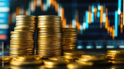 Golden coins stacked high with financial charts in the background, symbolizing wealth and investment.