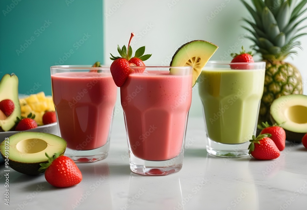 Freshly squeezed fruit and vegetable juices served in a kitchen, surrounded by fruits Freshly squeezed fruit and vegetable juices served in a kitchen, surrounded by fruits