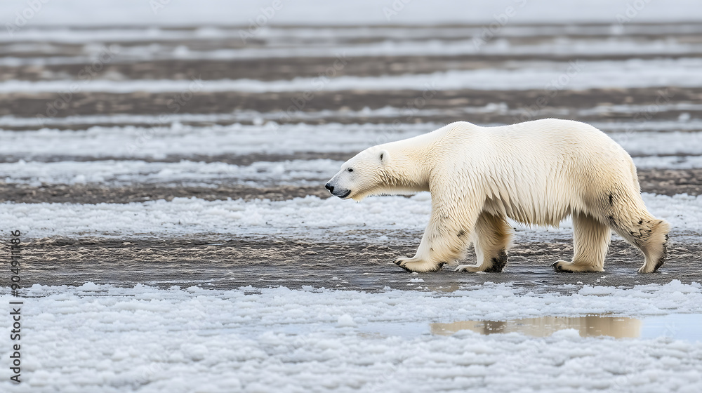 A White polar bear walks through a dirt and melt glaciers, Global Warming temperatures gradually melt glaciers with climate change. A White polar bear walks through a dirt and melt glaciers, Global Warming temperatures gradually melt glaciers with climate change.