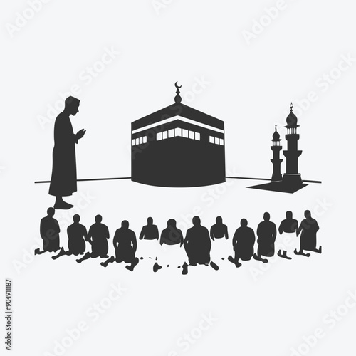 Majestic Muslim Pilgrims at Kaaba, Prayer, and Tawaf Illustration Vector